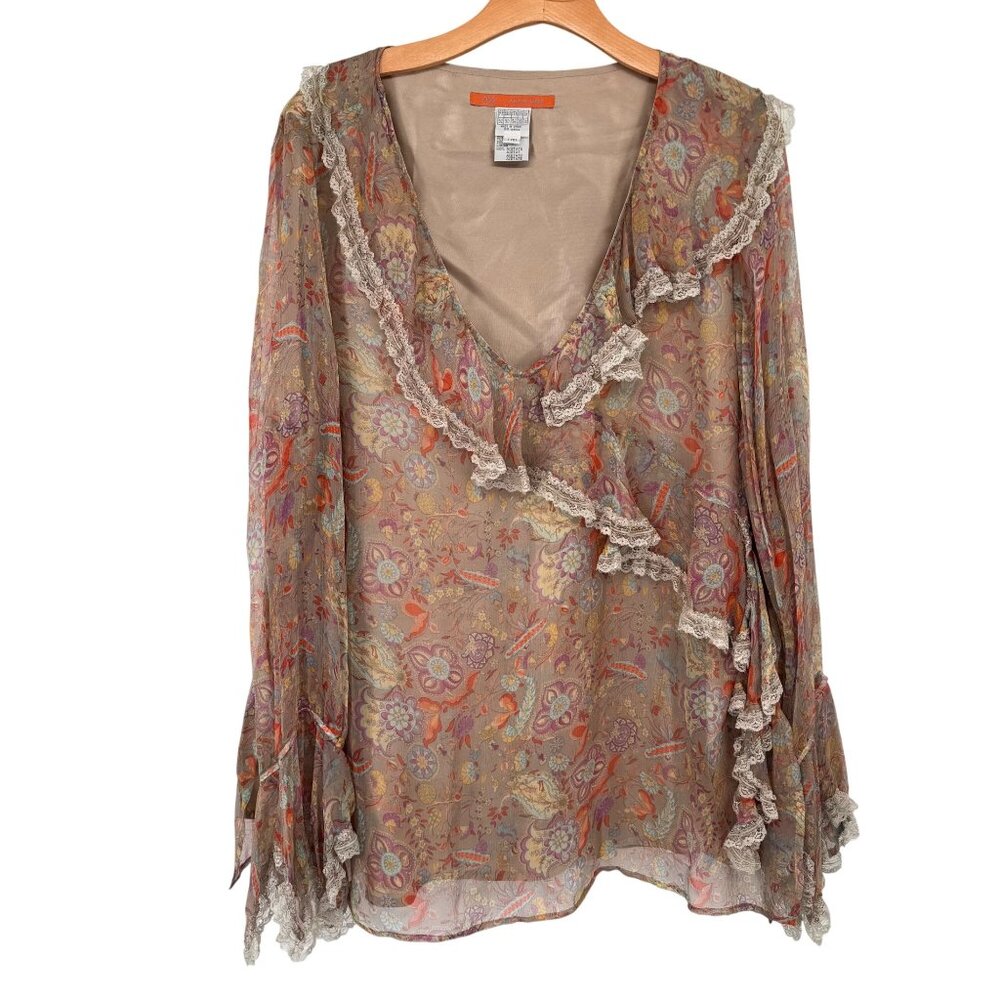 Alain Weiz Womens Floral Silk Blouse lined Lace Trim Ruffle size 20w beige